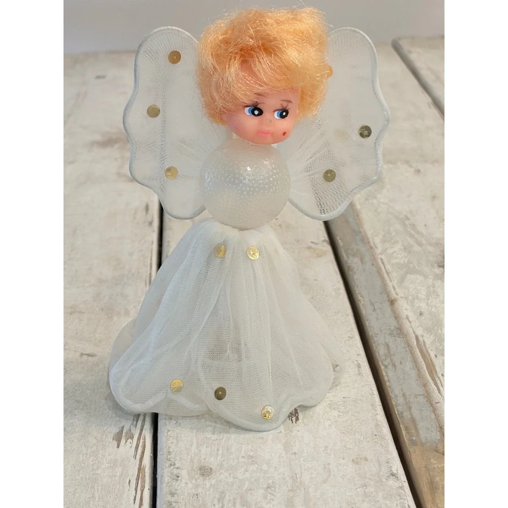 Vintage Christmas Angel Tree Topper White Tulle Gold Sequin Strawberry Blonde